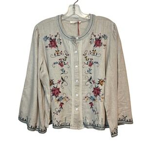 Solitaire Blouse Top Linen Blend Button Front Needlepoint Cross Stitch Large NWT